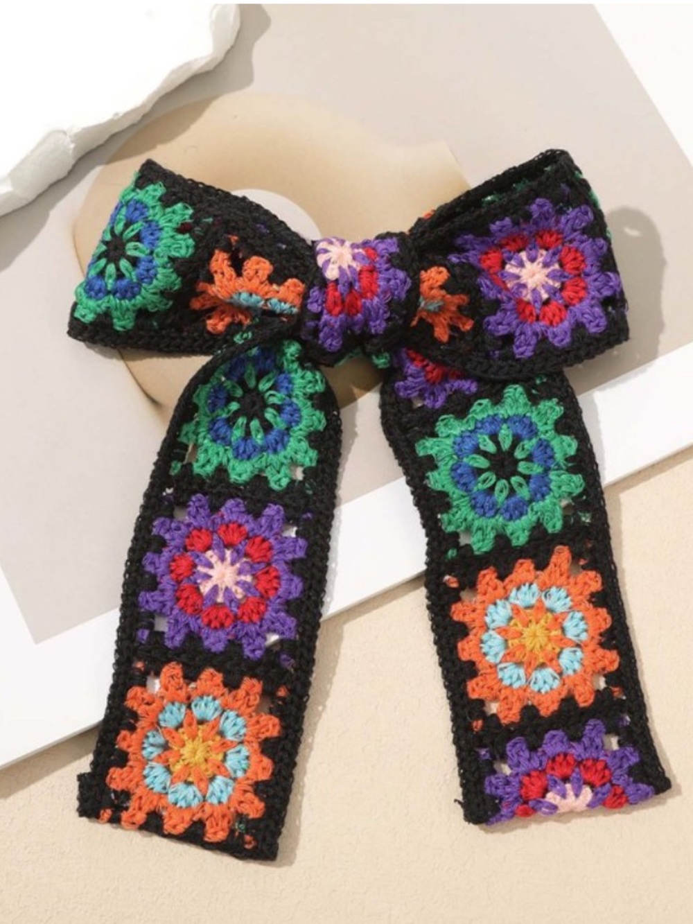 Y2K Retro Crochet Granny Square Hair Bow Barrette Cottagecore Indie Black